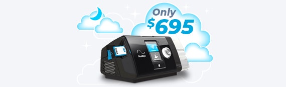 Image of AirSense 10 card-to-cloud CPAP machine with price of $695 showing on top of cloud graphics with text calling out "New Low Price"