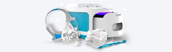 A photo of the Lumin on a white background with text that says "The Lumin is back! Sanitize CPAP gear and everyday items quickly and easily with the touch of a button, eliminating germs in just minutes."