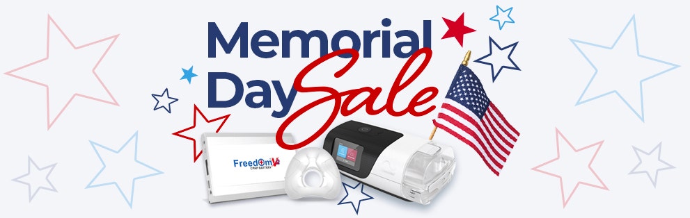 Memorial Day Sale image with stars and American flag graphics showcasing a sitewide sale and free 2-day shipping
