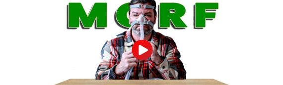 Man wearing Morf mask with play button in the middle leading to a CPAP Reviews YouTube video