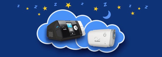 In Stock and Ready To Ship, various CPAP machines shown in a cloud, moon and stars in background