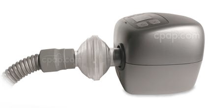 Side View of the In-Line Bacteria Filter Attached to the Machine Air Outlet and CPAP Hose (Machine and Hose Not Included)