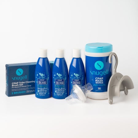 CPAP Cleaning Essentials Bundle Contents (3 x odor neutralizing cleanser, 110-ct mask wipe canister unscented, hose hanger, tube brush kit, 5 pack bacteria filters)