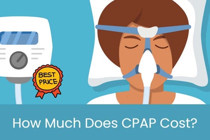 a women with a CPAP Mask and a CPAP machine next to it with best price ribbon