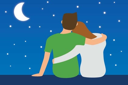a drawing of a couple holding each other as they look into the beautiful starry night sky.